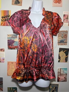 Jou Jou Pink & Orange Abstract V-Neck Short Sleeve Blouse